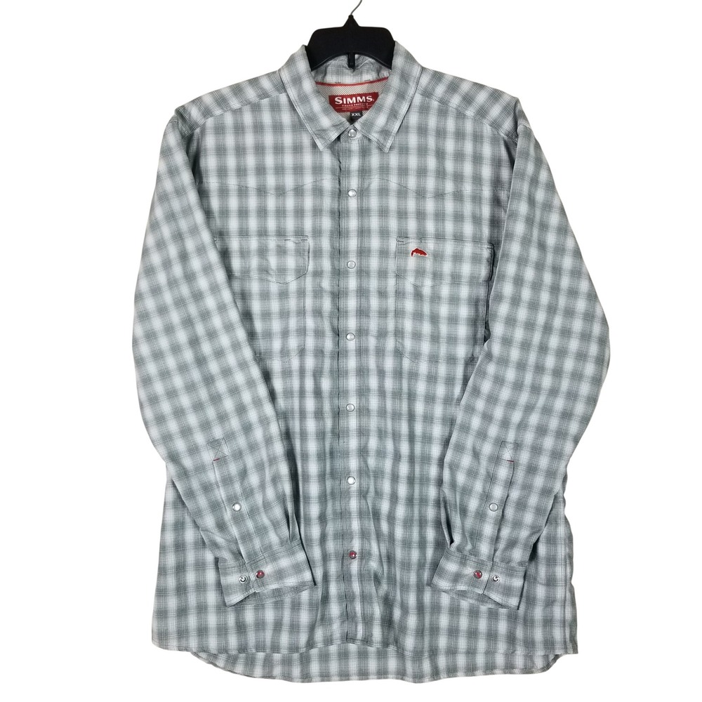 Simms Fishing Shirt Mens XXL Gray Plaid Long Sleeve Snap Western Ventilated